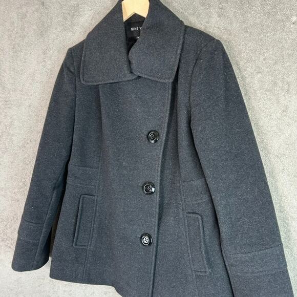 Nine West Womens Gray Wool Blend Pea Coat Size 10 Gray Preppy Asymmetric Buttons - Picture 2 of 12